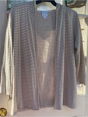 Sunday Striped Open-Front Cardigan in Taupe and White